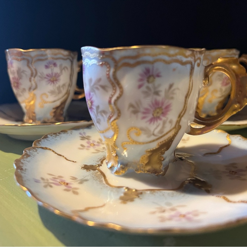 Limoges Gold and Pink Floral Teacup Set